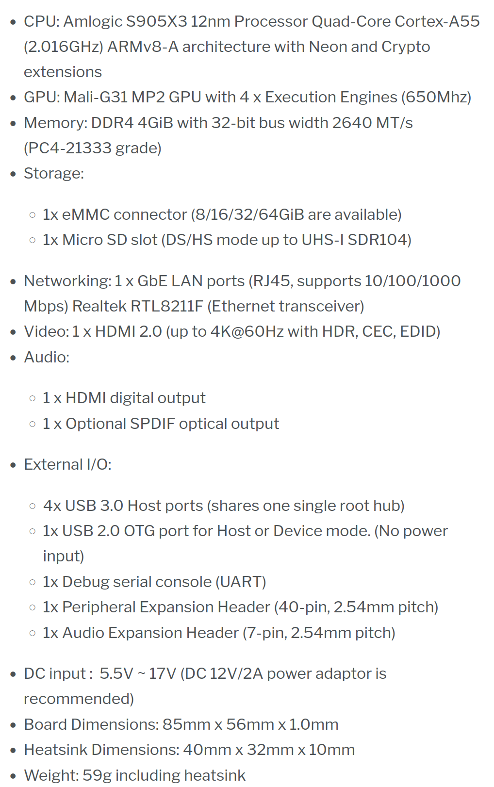 ODROID-C4 Specs